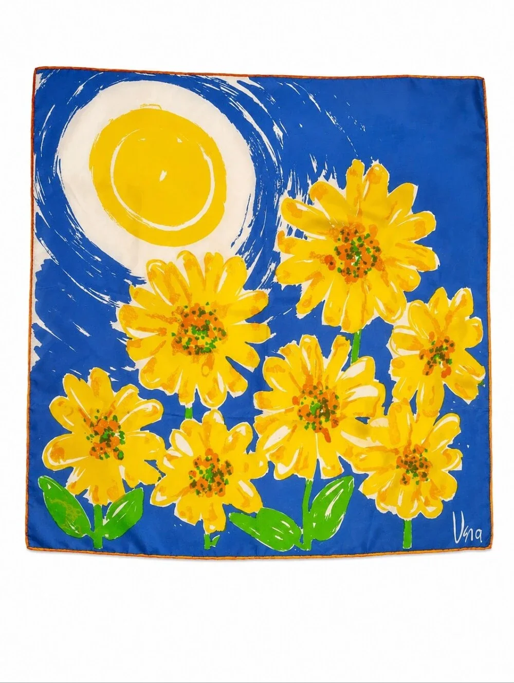 Vera Neumann Silk Scarf Blue Yellow Floral Sun Print Vintage Signed Square Scarf